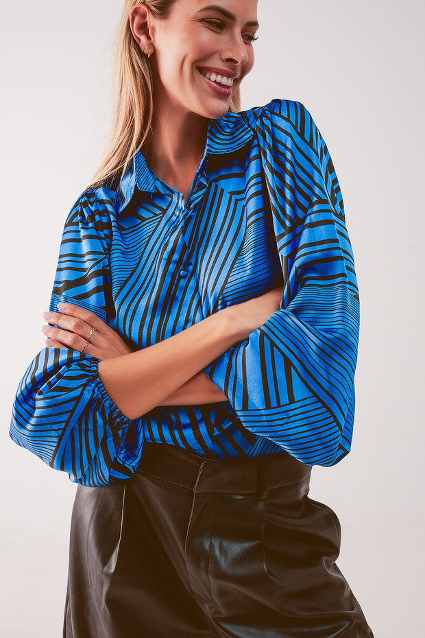 Puff Sleeve Printed Blouse in Blue