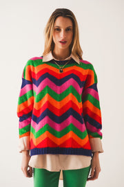 Crew Neck Striped Knit Sweater in Multi