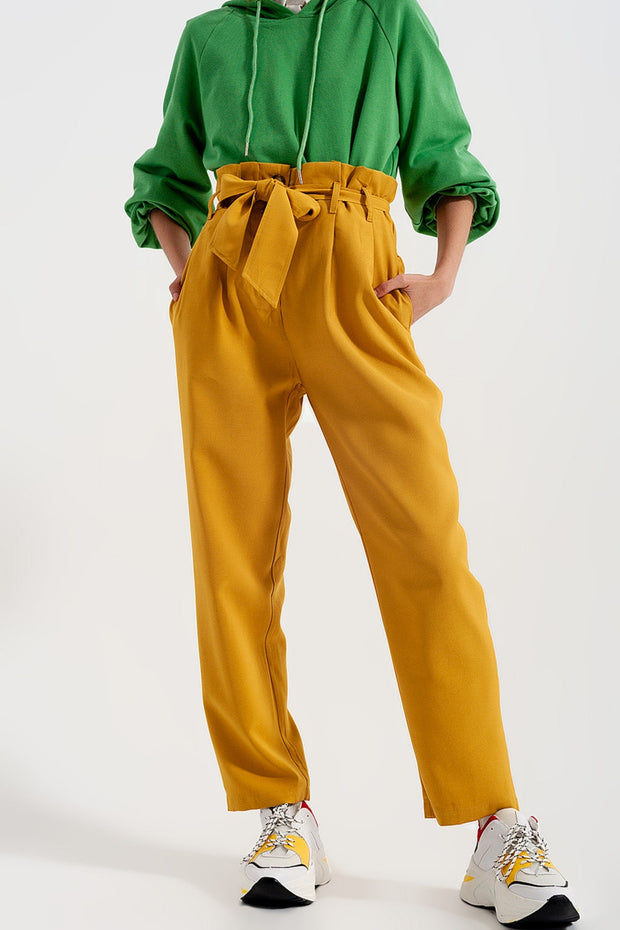 High Waist Belted Paperbag Trousers in Yellow