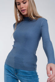 Ribbed Jumper With High Neck in Blue