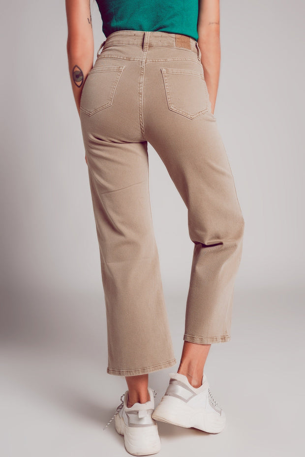 Cropped Wide Leg Jeans in Beige Color