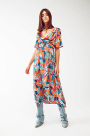 Wrap Maxi Belted Dress With Floral Print in Orange