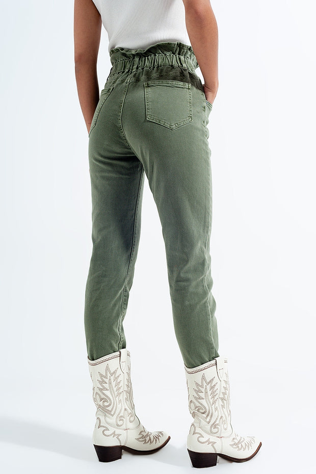 Elasticated Paper Bag Waist Mom Jean in Khaki