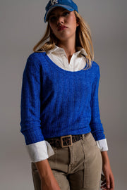 Blue Wide Neck Ribbed Knit Sweater