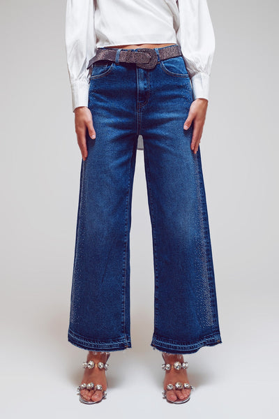 Wide Leg Jeans With Diamante Details on the Side in Mid Wash