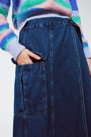 Maxi Wrap Denim Skirt With Pocket Detail