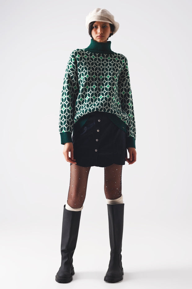 High Neck Jumper in Geo Pattern in Green