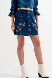 Denim Skirt With Flower Embroidery and Front Buttons