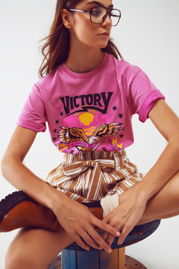 T-Shirt With Victory Text in Pink