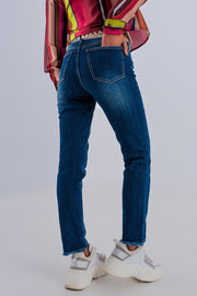 Skinny High Waist Raw Hem Jeans in Dark Blue