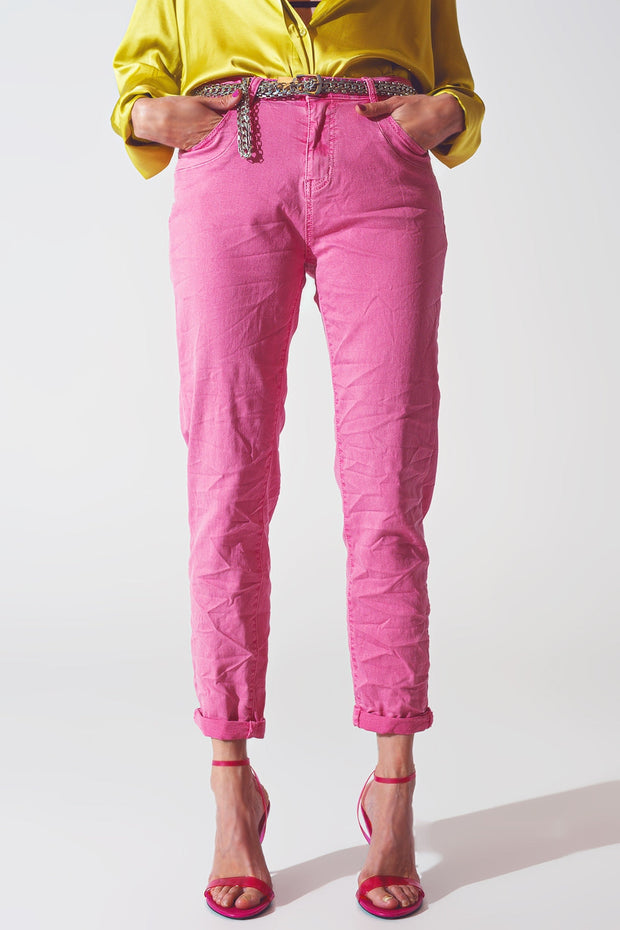 Pink Wrinkled Skinny Jeans