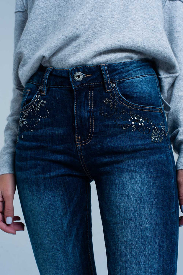 Dark Wash High Waist Jeans With Rhinestone Details