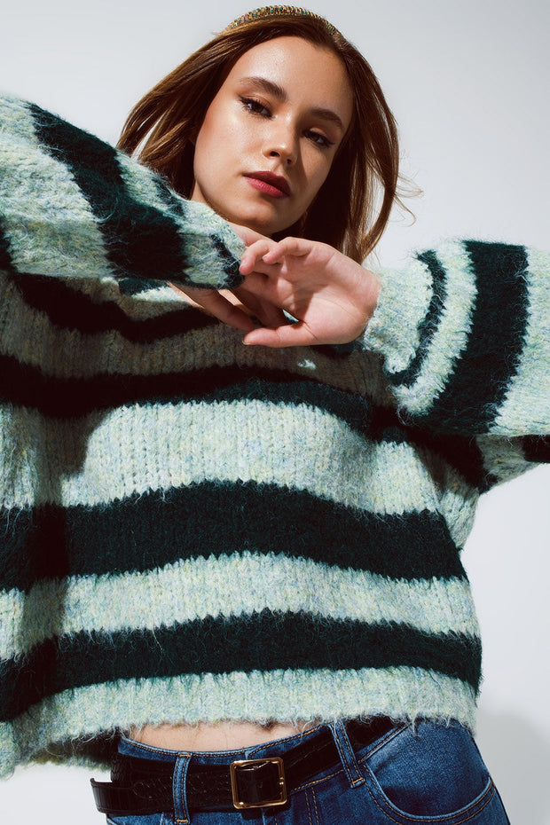 Oversized Green Stripy Fluffy Sweater With Balloon Sleeves