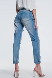 Heavily Torn Straight Jeans in Light Denim