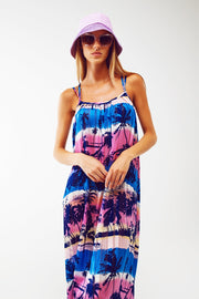 Relaxed Open Back Maxi Dress in Tropical Blue Print