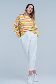 Yellow Striped Rib Stitch Knitted Sweater