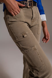 Straight Leg Cargo Pants in Brown Beige