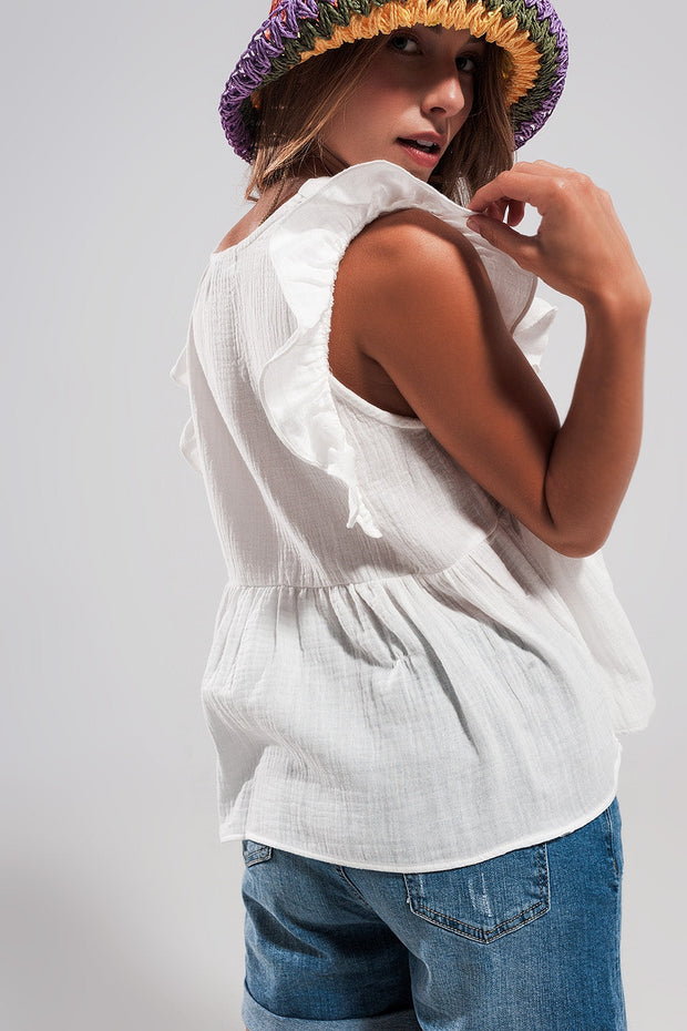 Cotton Tank Top With Ruffle Sleeves in White