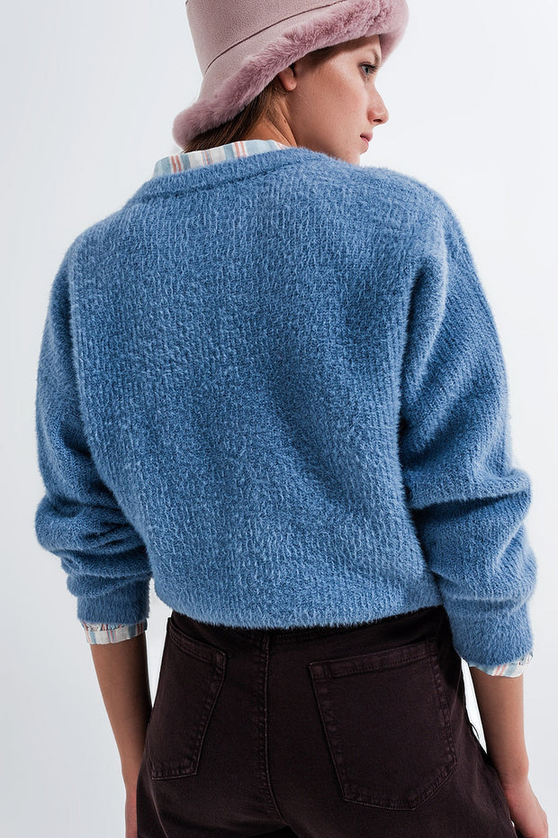 Crew Neck Jumper in Rib With Fluffy Yarn in Blue