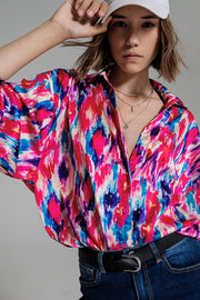 Oversized Button Down Shirt in Abstract Pink and Blue Print