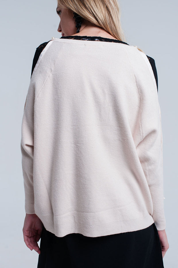 Pink Pale Knitted Sweater With Pearl Detail