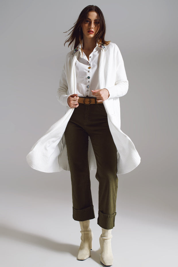 Long White Cardigan With Folded Pockets