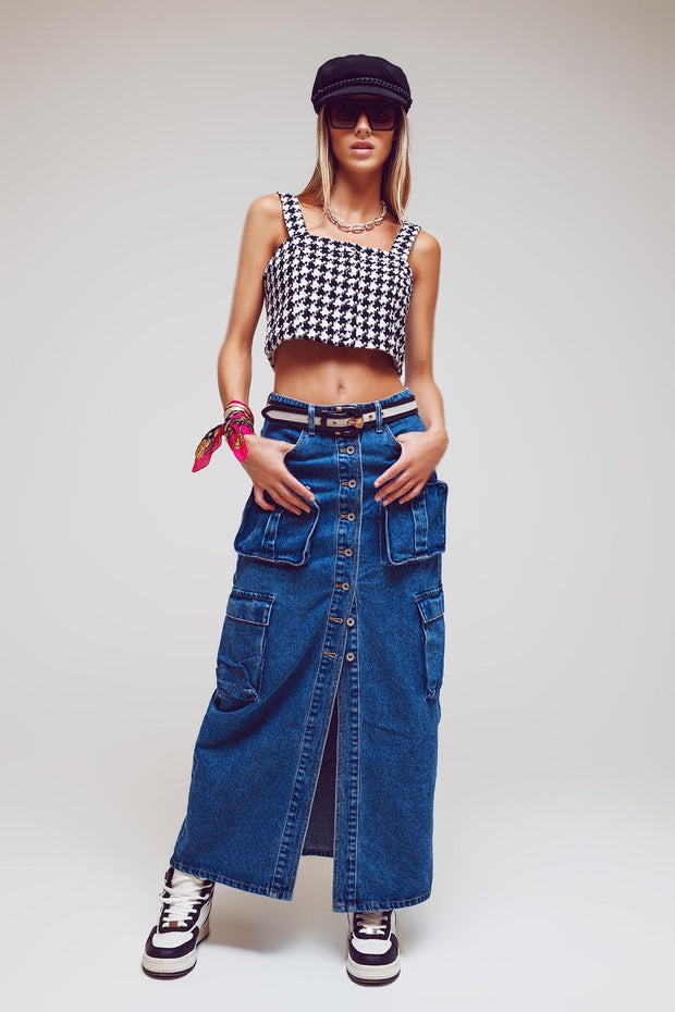 Button Down Cargo Denim Maxi Skirt in Mid Wash