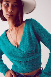 Fluffy v Neck Knit Jumper in Green