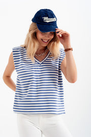 Sleeveless T-Shirt With Shoulder Pad in Blue Stripe