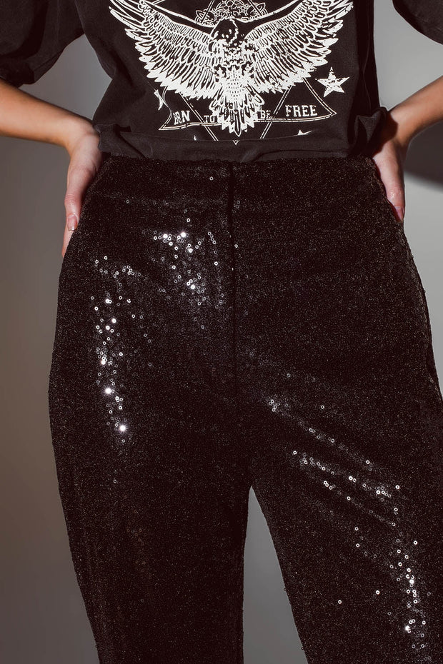 Straight Leg Sequin Pants in Black