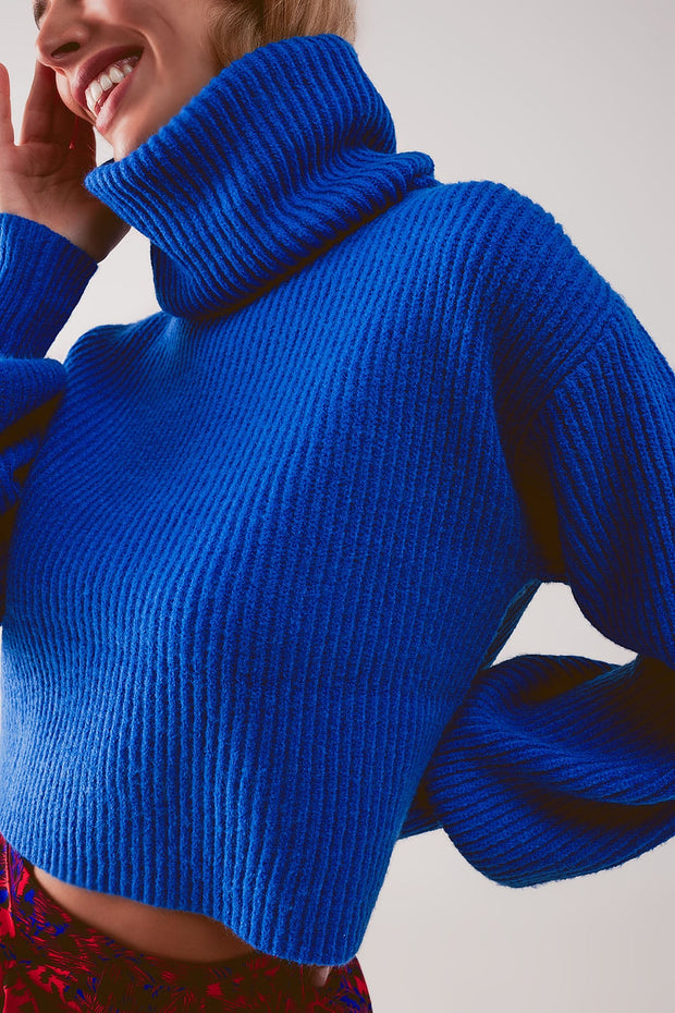 Blue Ribbed Knit Turtleneck Jumper With Balloon Sleeves