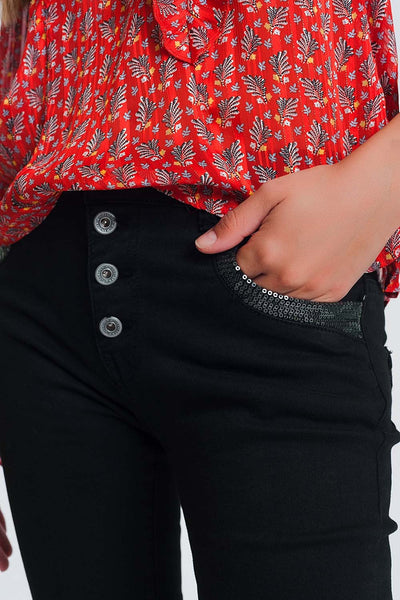 Black Boyfriend Pants With Sequin Pocket Detail