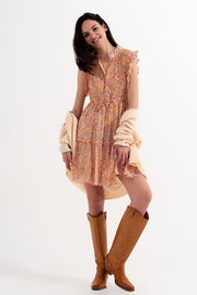 Mini Dress With Ruffle Trims in Vintage Floral in Coral