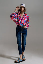 Oversized Button Down Shirt in Abstract Pink and Blue Print