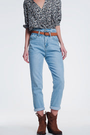 High Waist Mom Jeans With Belt in Light Denim