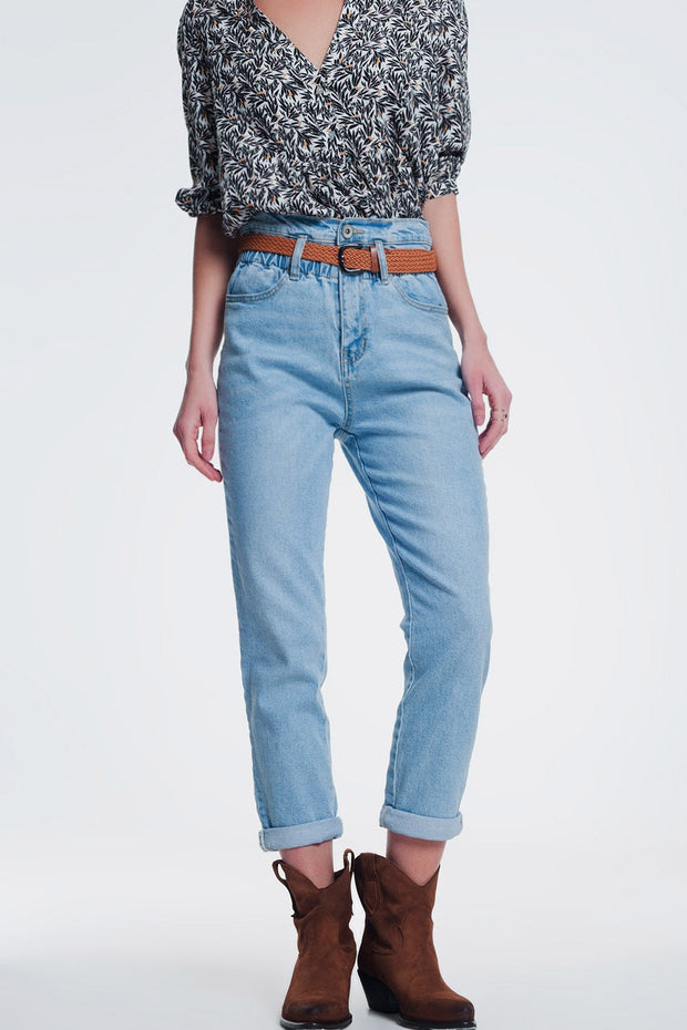 High Waist Mom Jeans With Belt in Light Denim