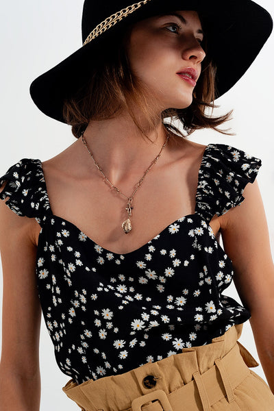 Frill Strap Cami Top in Black Ditsy Floral Print