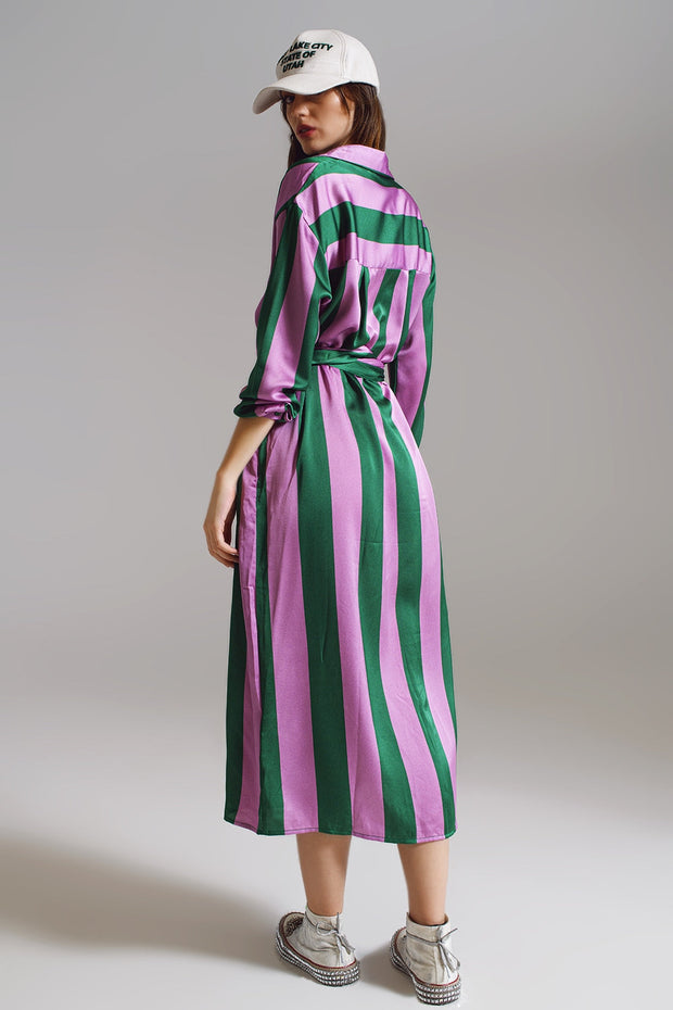 Midi Belted Shirt Dress in Lilac and Green Stripe