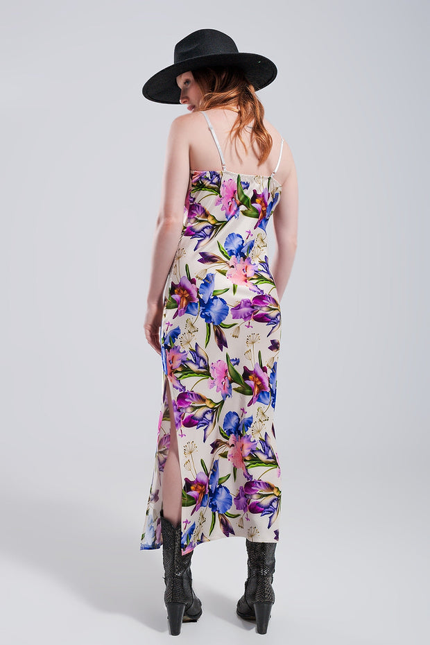 V Back Satin Midi Dress in Beige Clashing Floral Print