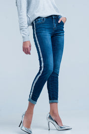 Dark Wash Jeans With Silver Shiny Side Stripe