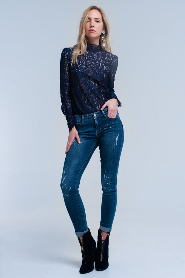 Navy Transparent Lace Shirt