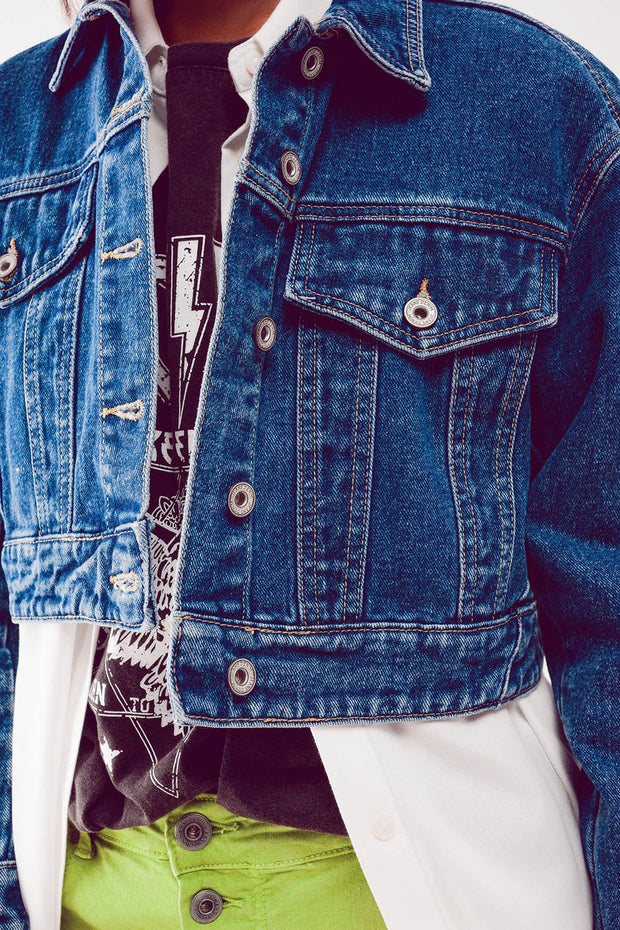 Cropped Denim Jacket in Mid Blue