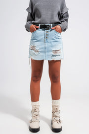 Denim Button Through Mini Skirt in Light Blue