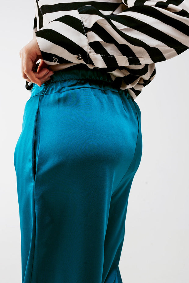 Wide Leg Satin Pants in Blue