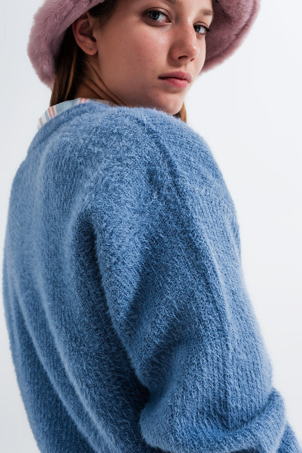 Crew Neck Jumper in Rib With Fluffy Yarn in Blue