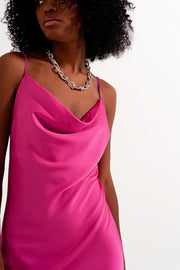 Cami Midi Slip Dress in High Shine Satin in Fuchsia