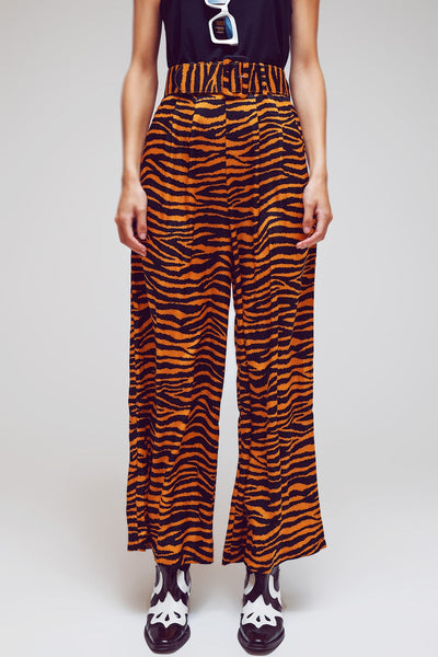 Animal Print Straight Leg Pants With Wide Buckle Belt