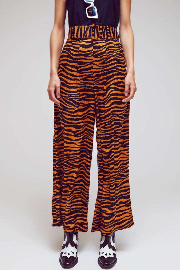 Animal Print Straight Leg Pants With Wide Buckle Belt