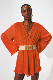 Satin Wrap Deatil Pleated Short Jumpsuit in Orange