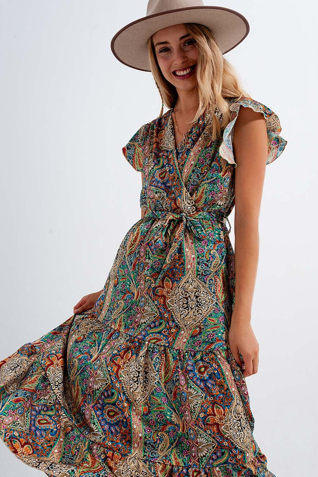 Dressed Ruffle Hem Midaxi Dress in Paisley Print in Green